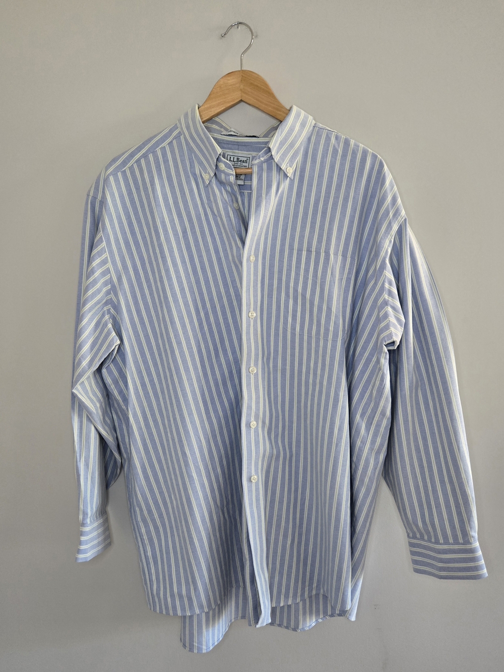 L.L. Bean light blue, green striped button-down shirt, oversized, boyfriend fit